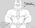 absurd_res anthro boss canid canine canis clothing dangermons dialogue duo felid hair hi_res interview lenses line_art male mammal muscular muscular_male necktie pubes solo underwear wolf