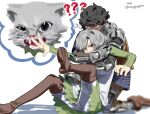  2boys ? ?? angry animalization armor bags_under_eyes black_eyes black_hair blue_eyes blurry boots cat chainmail curly_hair dark-skinned_male dark_skin depth_of_field dungeon_meshi elf grabbing_from_behind grey_hair hug hug_from_behind ink_(inkypyon) kabru kneeling lazy_eye leather_armor leg_up long_sleeves male_focus mithrun multiple_boys pauldrons pointy_ears restrained short_hair shoulder_armor simple_background single_pauldron sitting thigh_boots thought_bubble tunic uneven_eyes white_background 