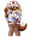  bent_over blonde_hair blue_eyes breasts cleavage clothed clothing female fighnet fishnet hair legwear long_hair looking_at_viewer mammal medical michele_light mustelid nurse nurse_hat otter skimpy smile solo standing stockings tongue_depressor 