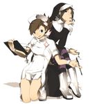  bad_id bad_pixiv_id blue_eyes boots brown_hair ciel_arc cross flower habit hair_flower hair_ornament hat kneeling multiple_girls nun nurse nurse_cap pen shinatsuhiko_yae short_hair sitting striped striped_legwear thighhighs v_juri_f white_footwear wristband yozakura_quartet 