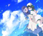  black_hair blue_eyes blue_hair blush cloud day hat hishaku hood hug inuinui kumoi_ichirin ladle multiple_girls murasa_minamitsu open_mouth sailor sailor_hat short_hair sky smile touhou 