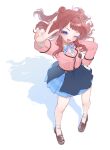  1girl ;d arm_up blazer blue_eyes blue_overskirt blue_ribbon blue_skirt blush brown_footwear brown_hair commentary_request double_bun fingernails floating_hair full_body gakuen_idolmaster hair_bun hanami_saki hand_on_own_hip hatsuboshi_gakuen_school_uniform highres idolmaster jacket loafers long_hair long_sleeves looking_at_viewer neck_ribbon one_eye_closed pink_jacket pleated_skirt ribbon school_uniform shadow shirt shoes simple_background skirt smile socks solo two_side_up v white_background white_shirt white_socks yuusuke_(yyy_xp) 