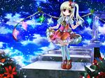  ascot blonde_hair flandre_scarlet flower full_body long_hair no_hat no_headwear red_eyes risutaru side_ponytail skirt skirt_hold smile solo stairs thighhighs touhou white_legwear wings 