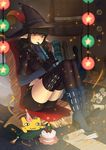  black_hair black_legwear boots cake cat elf feathers flute food gloves guitar hat holding instrument lute_(instrument) lyre mabinogi peirasuo pointy_ears red_eyes scroll sitting solo star thighhighs witch_hat yvona 