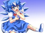  blue_eyes blue_hair bow cirno cream cream_on_face dress food food_on_face gradient gradient_background hair_bow ice ice_wings licking sexually_suggestive shoes short_hair sitting socks solo suggestive_fluid touhou wings yagami_(mukage) 