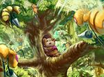  clothed_pokemon commentary_request cosplay forest gen_1_pokemon gen_2_pokemon geregere_(lantern) highres kirby_(series) nature no_humans parody pokemon pokemon_(creature) pooh pooh_(cosplay) scared teddiursa theft tree whispy_woods winnie_the_pooh 
