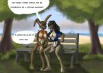 beach bench blue_eyes bouncing_breasts breasts brown_body brown_fur clothing dark_hair drqube duo duo_in_panel felid female fur genitals green_eyes hair hi_res ineffective_bottomwear ineffective_clothing ineffective_swimwear intersex lagomorph leporid long_hair mammal penis prehistoric_species rabbit saber-toothed_tiger short_hair text text_on_clothing threes