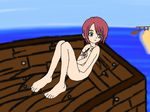  1girl barefoot blue_eyes boat kairi kingdom_hearts nude red_hair sea sky 