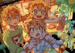  1girl 2boys :d age_difference animal_print backlighting blonde_hair blue_eyes brother_and_sister brothers candy carrying child collage dog_print dollhouse_view double-parted_bangs dress fangs floral_print_dress food fruit gingham_shirt green_shirt hair_ornament hand_on_another&#039;s_head hanoyuta happy holding holding_paper indoors jibaku_shounen_hanako-kun minamoto_kou minamoto_teru minamoto_tiara multiple_boys official_art ofuda outstretched_arm paper plate print_shirt raised_eyebrows red_footwear sandals shirt shoulder_carry siblings sketch_background sleeves_past_elbows sleeves_rolled_up smile spiked_hair standing star_(symbol) star_hair_ornament surprised t-shirt tray tree two_side_up watermelon watermelon_slice white_shirt wrapped_candy 