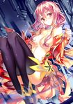  :&lt; bare_shoulders black_legwear blush boots breasts guilty_crown hair_censor hair_over_breasts large_breasts long_hair long_legs looking_at_viewer miyazaki_byou petals pink_hair red_eyes solo thigh_boots thighhighs yuzuriha_inori 