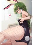  1girl absurdres alternate_costume animal_ears ass ass_focus bangs bare_arms bare_shoulders barefoot bed black_leotard blush breasts detached_collar eyebrows_visible_through_hair fake_animal_ears fake_tail feet fishnet_legwear fishnets foot_out_of_frame green_eyes green_hair hair_tubes heart highres indoors kochiya_sanae leotard long_hair looking_at_viewer looking_back mamemochi playboy_bunny rabbit_ears rabbit_tail smile solo speech_bubble spoken_heart strapless strapless_leotard tail thighs touhou 