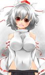  animal_ears breasts detached_sleeves fang hat impossible_clothes impossible_leotard inubashiri_momiji large_breasts leotard red_eyes smile solo sorato_jun tokin_hat touhou wolf_ears 