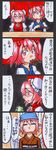  4koma bandages blush_stickers closed_eyes color_connection comic double_bun eating flower food food_stand hair_bobbles hair_color_connection hair_ornament highres hood ibaraki_kasen kawachi_koorogi multiple_girls mystia_lorelei noren okamisty onozuka_komachi pink_eyes pink_hair rose sweatdrop touhou traditional_media translated two_side_up wings yatai 