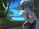  alternate_costume alternate_hair_length alternate_hairstyle alternate_headwear bare_shoulders blue_hair cloud code-aa day flat_chest hair_between_eyes hat highres hinanawi_tenshi nature navel ocean orange_eyes palm_tree short_hair sky solo straw_hat touhou tree 