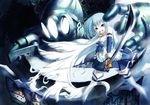  armband armor blue_eyes blue_hair cape dual_persona dual_wielding gauntlets gloves helmet holding magical_girl mahou_shoujo_madoka_magica miki_sayaka oktavia_von_seckendorff open_mouth ralfu spoilers sword thighhighs weapon zettai_ryouiki 