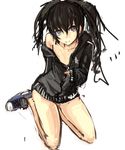  areola_slip areolae black_hair black_rock_shooter black_rock_shooter_(character) blue_eyes converse flat_chest highres hood hoodie long_hair looking_at_viewer no_bra no_pants off_shoulder panties_(pantsu-pirate) shoes sitting sneakers solo twintails undressing unzipping wariza 