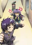  1boy 2girls ahoge armband artist_request black_hair blue_hair blush breasts brown_hair cleavage eyes_closed fleeing glasses hair_ribbon kikaijima_mogana kumagawa_misogi kurokami_medaka long_hair medaka_box miniskirt multiple_girls ponytail ribbon running running_away school_uniform shiranui_hansode short_hair short_skirt skirt stapler uniform 