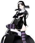  boots braid cross dress habit instrument knee_boots long_hair nun shinatsuhiko_yae side_slit single_braid solo striped striped_legwear thighhighs white_footwear yasuda_suzuhito yozakura_quartet 