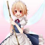  :d bad_id bad_pixiv_id bamboo_broom blonde_hair blush broom fairy_maid highres maid_headdress open_mouth red_eyes s-syogo short_hair smile solo touhou upper_body wings 