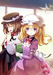  :o blonde_hair blush book bow breasts brown_hair bug butterfly cleavage closed_eyes dress hat highres insect long_hair maribel_hearn multiple_girls purple_eyes ribbon sheska_xue short_hair small_breasts touhou usami_renko 