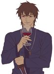  alcohol azoth_knife brown_hair cross cross_necklace cup dagger drinking drinking_glass fate/zero fate_(series) flat_color jewelry kotomine_kirei male_focus necklace red_eyes simple_background solo weapon white_background wine wine_glass zihad 