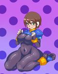  1girl aile blue_eyes bodysuit breast_squeeze breasts brown_hair capcom curvy green_eyes highres large_breasts maniacpaint plump rockman rockman_zx shirt_lift smile solo thick_thighs thighs 