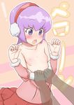  1girl :o assisted_exposure bad_id bad_pixiv_id blush breasts danball_senki earmuffs highres kawamura_ami nipples open_mouth purple_eyes purple_hair see-through shirt_pull short_hair skirt small_breasts toorunosuke translation_request transparent 