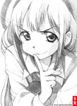  &gt;:) finger_to_face finger_to_mouth futaba_anzu gofu greyscale idolmaster idolmaster_cinderella_girls long_hair monochrome smile solo spot_color traditional_media v-shaped_eyebrows 