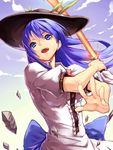  alternate_eye_color blue_eyes blue_hair dress hands hat hinanawi_tenshi long_hair open_mouth rock solo sukocchi sword_of_hisou touhou upper_body 