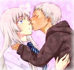  1girl bad_id bad_pixiv_id blue_eyes dark_skin gomi_yashiki hands_on_shoulder johnathan_mar jormungand kiss koko_hekmatyar long_hair long_sleeves necktie one_eye_closed pale_skin scar white_hair 