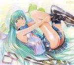  adjusting_clothes adjusting_legwear black_footwear black_legwear boots green_eyes green_hair hatsune_miku headphones headphones_around_neck legs long_hair mayo_riyo mouth_hold necktie open_clothes open_shirt plantar_flexion putting_on_boots putting_on_shoes shirt skirt solo spring_onion thigh_boots thighhighs very_long_hair vocaloid 