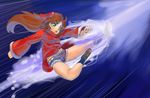  arima_miyako bow brown_hair chinese_clothes cutoffs denim denim_shorts flying_kick green_eyes hair_bow kicking long_hair m.u.g.e.n melty_blood rekise shorts socks solo tangzhuang thighs tsukihime 