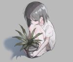  1girl flower_pot grey_eyes grey_hair knees_up kurobeko_(kur0bek0) looking_down original plant potted_plant shadow shirt short_hair short_sleeves shorts sitting solo t-shirt 