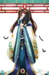  ahoge bad_id bad_pixiv_id black_feathers brown_hair chinese_clothes covering_face earrings fan feather_fan feathers flat_chest frills hanfu highres jewelry long_hair original purple_eyes sash sida_(count_zero) solo standing twintails 