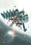  1girl bird black_gloves black_hair black_thighhighs blue_hair breasts commentary_request dated elbow_gloves feathers gloves headgear highres konno_takashi long_hair mecha_musume medium_breasts missile multicolored_hair open_mouth original outdoors personification red_hair signature sleeveless solo star_(symbol) su-25 thighhighs water 