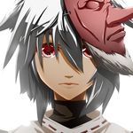  bangs close-up grey_hair hair_between_eyes inubashiri_momiji lips looking_at_viewer mask mazuka_kei red_eyes short_hair simple_background solo tengu_mask touhou white_background white_hair 