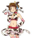  :p animal_ears animal_print bad_id bad_pixiv_id bell bell_collar bottle breasts brown_eyes brown_hair cleavage collar cow_bell cow_ears cow_horns cow_print cow_tail detached_sleeves elbow_gloves gloves hand_on_hip headset highres horns idolmaster idolmaster_cinderella_girls large_breasts milk navel nekoyanagi_moyo oikawa_shizuku one_eye_closed pink_legwear short_hair simple_background solo tail tongue tongue_out white_background 