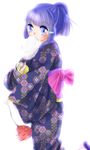  airi_(megumi0216) aoki_reika blue_eyes blue_hair blush bow cotton_candy hair_ornament hairclip hexagon japanese_clothes kimono precure smile_precure! solo water_balloon yukata 
