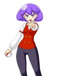  1girl black_pants bow bowtie cabernet_(pokemon) female frown looking_at_viewer pants point poke_ball pokeball pokemon purple_eyes purple_hair red_vest shirt simple_background sleeve_garter solo vest white_background white_shirt 