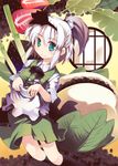  alternate_hairstyle apron aqua_eyes bamboo black_hairband food fruit green_eyes hair_bobbles hair_ornament hairband holding konpaku_youmu meat nanaroku_(fortress76) ponytail round_window short_hair silver_hair skirt skirt_set smile solo strawberry touhou waist_apron window 