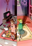  blonde_hair blood blue_eyes book bookshelf braid brown_eyes brown_hair carpet controller expressionless game_console game_controller getiao green_shirt knife madotsuki multiple_girls paper pillow pink_shirt poniko ponytail ribbon shadow shirt skirt smile television turtleneck twin_braids uboa yume_nikki 