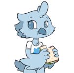  2019 anthro avian beak bird blue_feathers bottomless clothed clothing digital_media_(artwork) eating feathers female food meme sandwich_(food) shirt simple_background solo t-shirt theartmanor tweetfur twitter white_background winged_arms wings 
