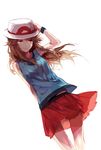  adjusting_clothes adjusting_hat bare_shoulders blue_(pokemon) brown_eyes brown_hair hat imi_fumei legs long_hair pokemon pokemon_special porkpie_hat simple_background skirt solo white_background 