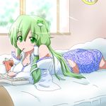  :3 arm_support bare_shoulders bed bedroom breasts cleavage detached_sleeves food frog frog_hair_ornament fueiku green_eyes green_hair hair_ornament indoors kochiya_sanae large_breasts long_hair looking_at_viewer lying manga_(object) mouth_hold on_stomach pocky snake solo touhou 