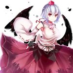  bad_id bad_pixiv_id black_wings blush breasts detached_sleeves hat inubashiri_momiji large_breasts red_eyes short_hair silver_hair simple_background smile solo tokin_hat touhou uiroutsuji_yumihiko white_background wings 