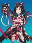  bdsm black_hair bondage bound breasts cable cleavage copyright_name gradient gradient_background junketsu_duelion large_breasts mecha_musume nekoya_yume official_art red_eyes remana robot_ears short_hair solo tears translated watermark 