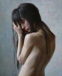  1girl asian back black_hair grey_background hand_in_own_hair long_hair nude oil_painting_(medium) original osamuobi painting_(medium) photorealistic realistic shadow solo topless traditional_media 