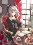  :t blush book bow dress drill_hair flower gothic_lolita grey_hair hair_bow hayama_eishi idolmaster idolmaster_cinderella_girls kanzaki_ranko lolita_fashion long_hair red_eyes ribbon rose sitting solo twin_drills twintails 