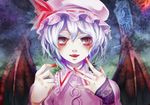  blood face fangs hands hat highres iroai_midodo red_eyes remilia_scarlet short_hair solo touhou upper_body 