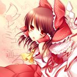  ascot bad_id bad_pixiv_id blush bow brown_hair detached_sleeves dress hair_bow hair_tubes hakurei_reimu looking_at_viewer looking_back red_dress red_eyes sanotsuki solo tongue tongue_out touhou 